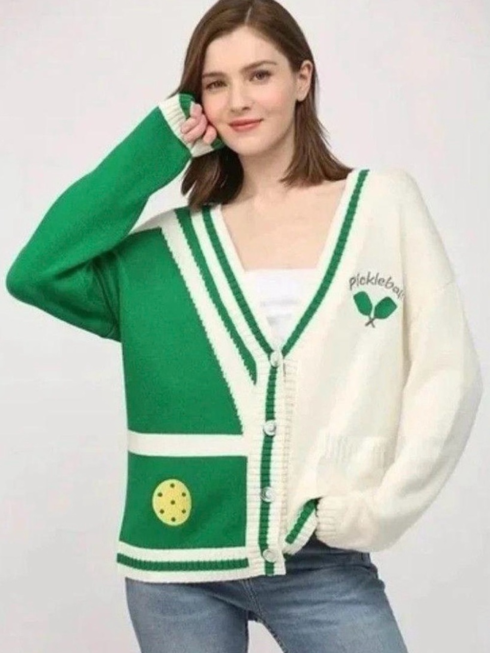 Fate Green and Cream Pickleball Graphic Knit Cardigan